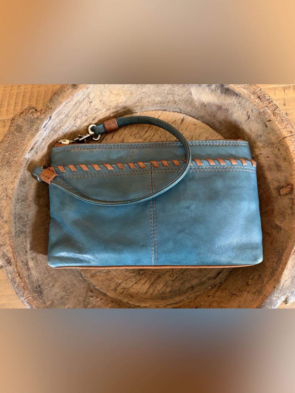 ili New York Denim Blue Brown Whip Stitch Trim Leather Wristlet